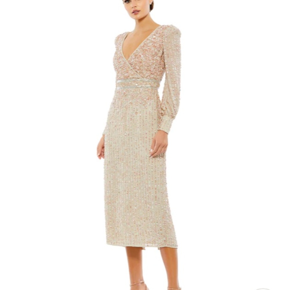 NWOT Mac Duggal beaded long sleeve midi dress